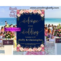 Floral Wedding Welcome Sign,Floral Navy Wedding Welcome sign,(055w) 